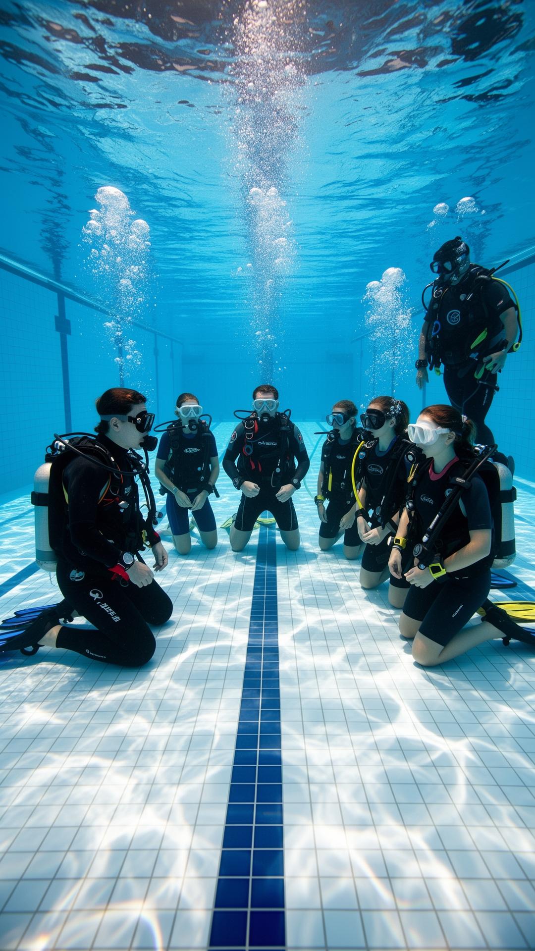 Instructor with students kneeling in a pool while a divemaster watches