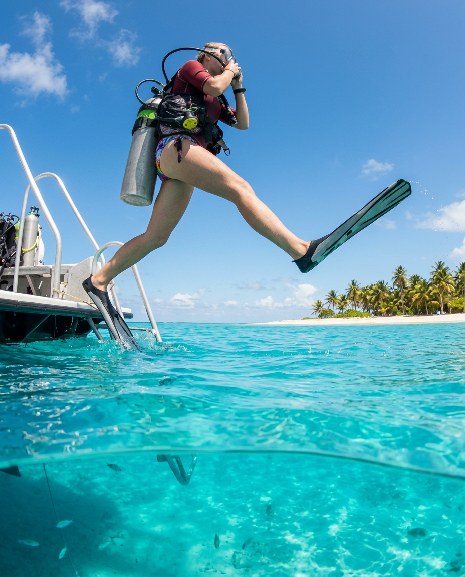 Diver performing a giant stride entry off a boat into turquoise Caribbean water