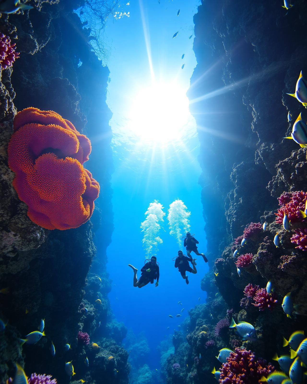 Students diving in buddy pairs along a Caribbean reef wall with barrel sponges and tropical fish